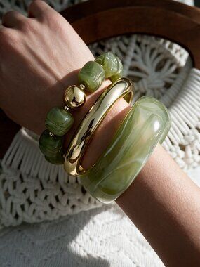 3-Piece Chunky Marbled Resin Gold-Tone Statement Bracelet Stack Set - GREEN